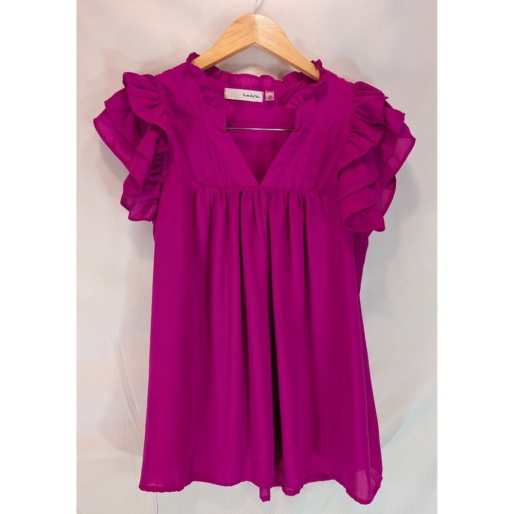 Twenty Ten Magenta Pink Ruffle Cap Sleeve Babydoll Blouse V-Neck Top Small
